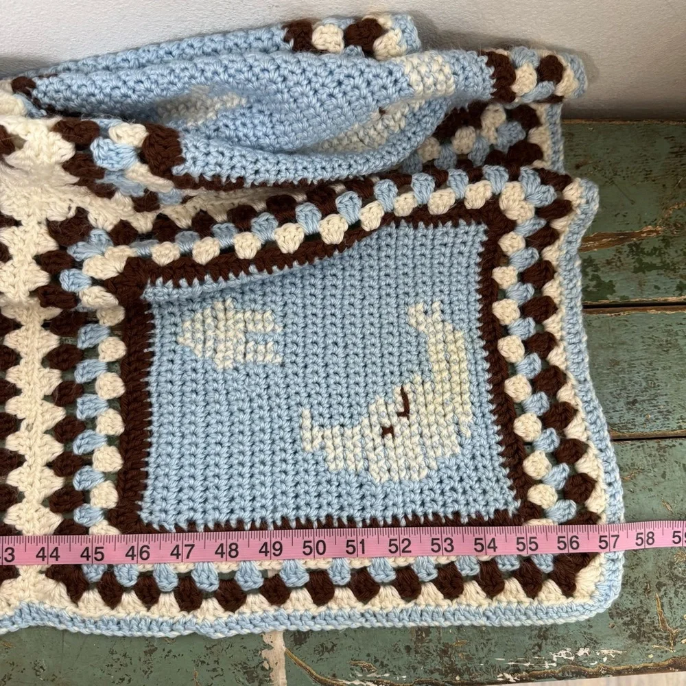 Handmade Granny Square Crochet Baby Blanket Afghan Moon & Stars Blue 40 x 57.5”
